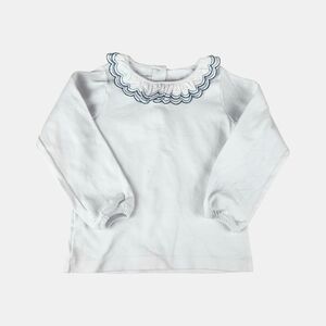 White Long Sleeve Top with Navy Scalloped Collar